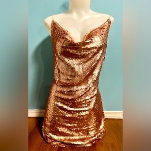 Rose gold sequinned party club night cocktail mini dress with straps size 8 NWT